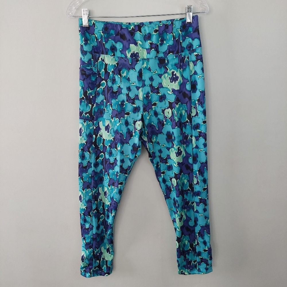 Zone Pro leggings Large athletic yoga workout blue purple black abstract